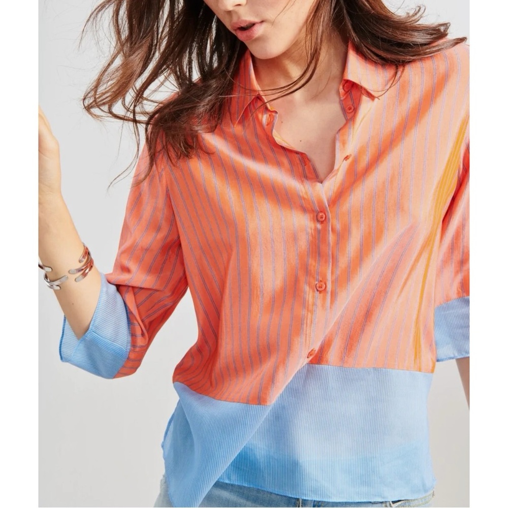 Cop Copine “Idyll” 3/4 Sleeve Blouse Blue/White Stripe Colorblock Orange, EU 40